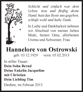 Traueranzeige von Hannelore von Ostrowski von Mitteldeutsche Zeitung Weißenfels