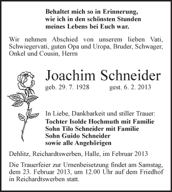 Traueranzeige von Joachim Schneider von Super Sonntag Merseburg