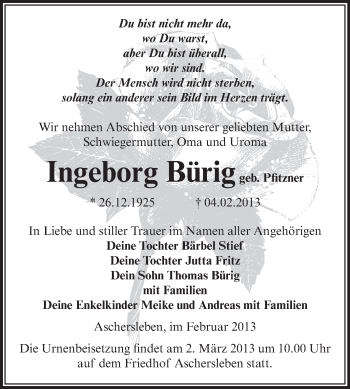 Traueranzeige von Ingeborg Bürig von Mitteldeutsche Zeitung Aschersleben