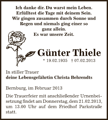 Traueranzeige von Günter Thiele von Mitteldeutsche Zeitung Bernburg