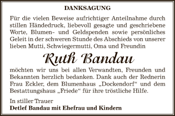 Traueranzeige von Ruth Bandau von WVG - Wochenspiegel Dessau / Köthen