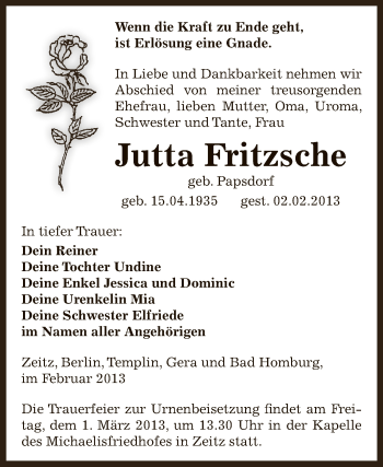 Traueranzeige von Jutta Fritzsche von Mitteldeutsche Zeitung Zeitz