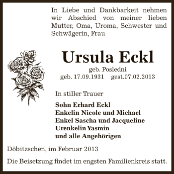 Traueranzeige von Ursula Eckl von Mitteldeutsche Zeitung Zeitz