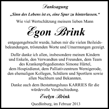 Traueranzeige von Egon Brink von Mitteldeutsche Zeitung Quedlinburg
