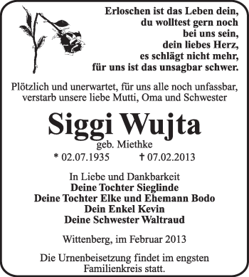 Traueranzeige von Siggi Wujta von Mitteldeutsche Zeitung Jessen