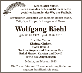 Traueranzeige von Wolfgang Riehl von Mitteldeutsche Zeitung Bitterfeld