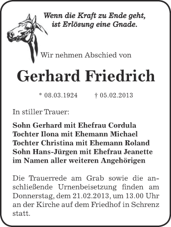 Traueranzeige von Gerhard Friedrich von Mitteldeutsche Zeitung Bitterfeld