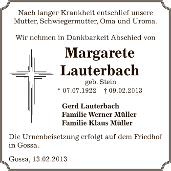 Traueranzeige von Margarete Lauterbach von Mitteldeutsche Zeitung Bitterfeld