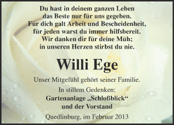 Traueranzeige von Willi Ege von WVG - Wochenspiegel Quedlinburg