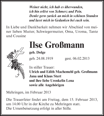 Traueranzeige von Ilse Großmann von Mitteldeutsche Zeitung Aschersleben
