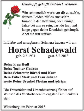 Traueranzeige von Horst Schadewald von Mitteldeutsche Zeitung Wittenberg