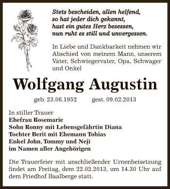 Traueranzeige von Wolfgang Augustin von Mitteldeutsche Zeitung Bernburg