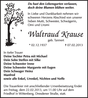 Traueranzeige von Waltraud Krause von Mitteldeutsche Zeitung Jessen