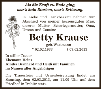 Traueranzeige von Betty Krause von Mitteldeutsche Zeitung Bernburg