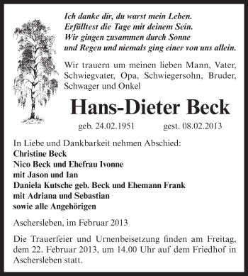 Traueranzeige von Hans-Dieter Beck von Mitteldeutsche Zeitung Aschersleben