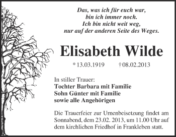 Traueranzeige von Elisabeth Wilde von Mitteldeutsche Zeitung Merseburg/Querfurt