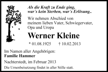 Traueranzeige von Werner  Kleine von Mitteldeutsche Zeitung Aschersleben