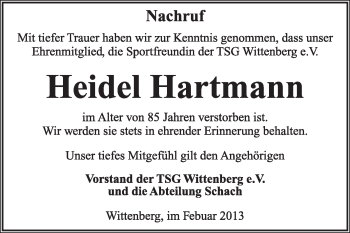 Traueranzeige von Heidel Hartmann von Mitteldeutsche Zeitung Wittenberg