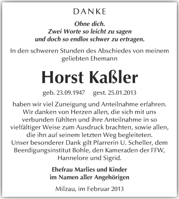 Traueranzeige von Horst Kaßler von Mitteldeutsche Zeitung Merseburg/Querfurt