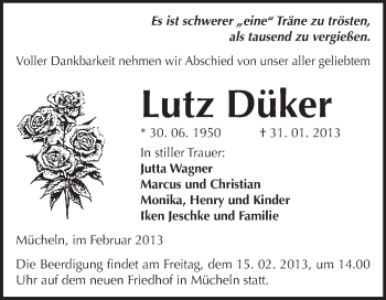 Traueranzeige von Lutz Düker von Mitteldeutsche Zeitung Merseburg/Querfurt