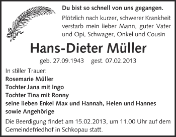 Traueranzeige von Hans-Dieter Müller von Mitteldeutsche Zeitung Merseburg/Querfurt