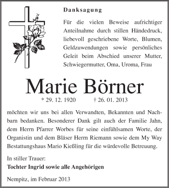 Traueranzeige von Marie Börner von Mitteldeutsche Zeitung Merseburg/Querfurt