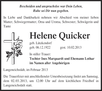 Traueranzeige von Helene Quicker von Mitteldeutsche Zeitung Merseburg/Querfurt