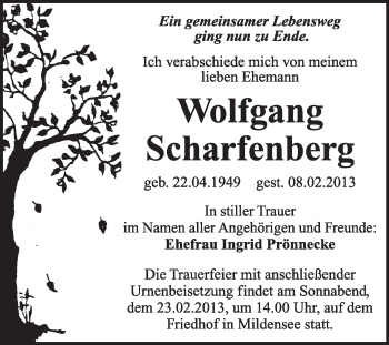 Traueranzeige von Wolfgang Scharfenberg von Mitteldeutsche Zeitung Dessau-Roßlau