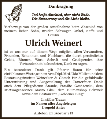 Traueranzeige von Ulrich Weinert von Mitteldeutsche Zeitung Bernburg