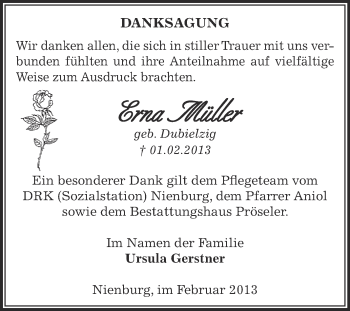 Traueranzeige von Erna Müller von Mitteldeutsche Zeitung Bernburg