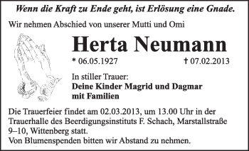 Traueranzeige von Herta Neumann von Mitteldeutsche Zeitung Jessen