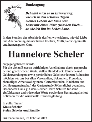 Traueranzeige von Hannelore Scheler von Mitteldeutsche Zeitung Jessen
