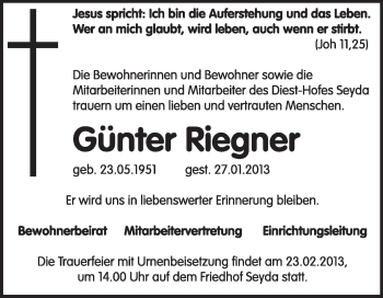 Traueranzeige von Günter Riegner von Mitteldeutsche Zeitung Jessen