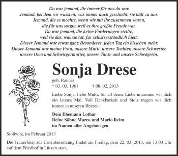 Traueranzeige von Sonja Drese von Super Sonntag Merseburg