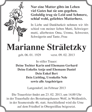 Traueranzeige von Marianne Sträletzky von WVG - Wochenspiegel NMB / WSF / ZTZ