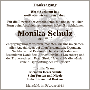 Traueranzeige von Monika Schulz von Wochenspiegel Mansfelder Land