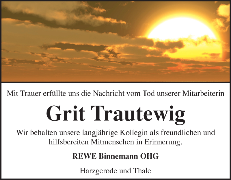  Traueranzeige für Grit Trautewig vom 17.02.2013 aus Mitteldeutsche Zeitung Quedlinburg
