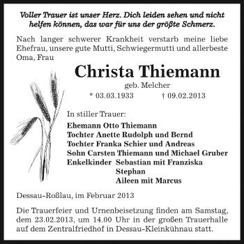 Traueranzeige von Christa Thiemann von Mitteldeutsche Zeitung Dessau-Roßlau