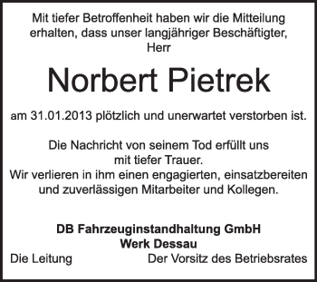 Traueranzeige von Norbert Pietrek von Super Sonntag Dessau / Köthen