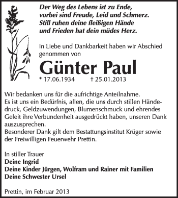 Traueranzeige von Günter Paul von Mitteldeutsche Zeitung Jessen