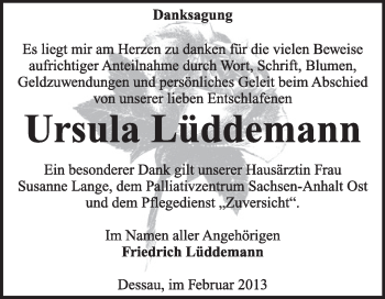Traueranzeige von Ursula Lüddemann von Mitteldeutsche Zeitung Dessau-Roßlau