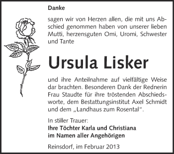 Traueranzeige von Ursula Lisker von WVG - Wochenspiegel NMB / WSF / ZTZ