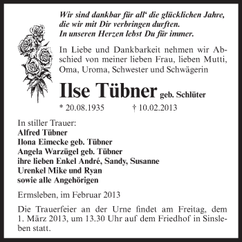 Traueranzeige von Ilse Tübner von Mitteldeutsche Zeitung Quedlinburg