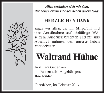 Traueranzeige von Waltraud Hühne von Mitteldeutsche Zeitung Aschersleben