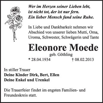 Traueranzeige von Eleonore Moede von Mitteldeutsche Zeitung Dessau-Roßlau