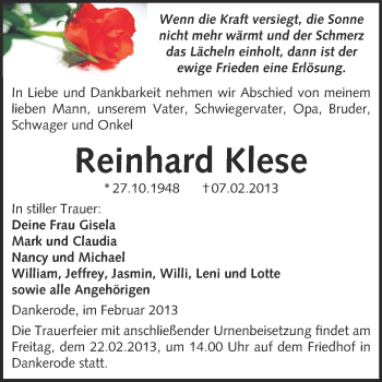 Traueranzeige von Reinhard Klese von Mitteldeutsche Zeitung Quedlinburg