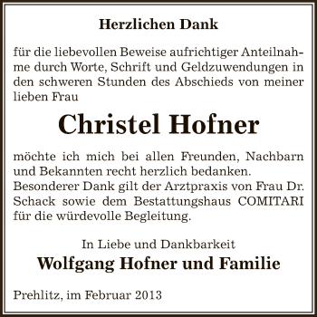 Traueranzeige von Christel Hofner von Mitteldeutsche Zeitung Zeitz