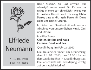 Traueranzeige von Elfriede Neumann von Mitteldeutsche Zeitung Quedlinburg