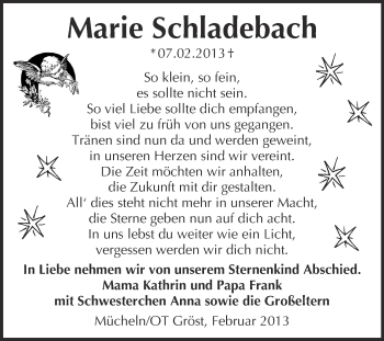 Traueranzeige von Marie Schladebach von WVG - Wochenspiegel Merseburg