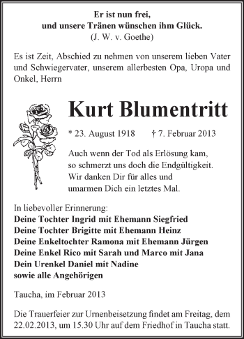 Traueranzeige von Kurt Blumentritt von WVG - Wochenspiegel NMB / WSF / ZTZ
